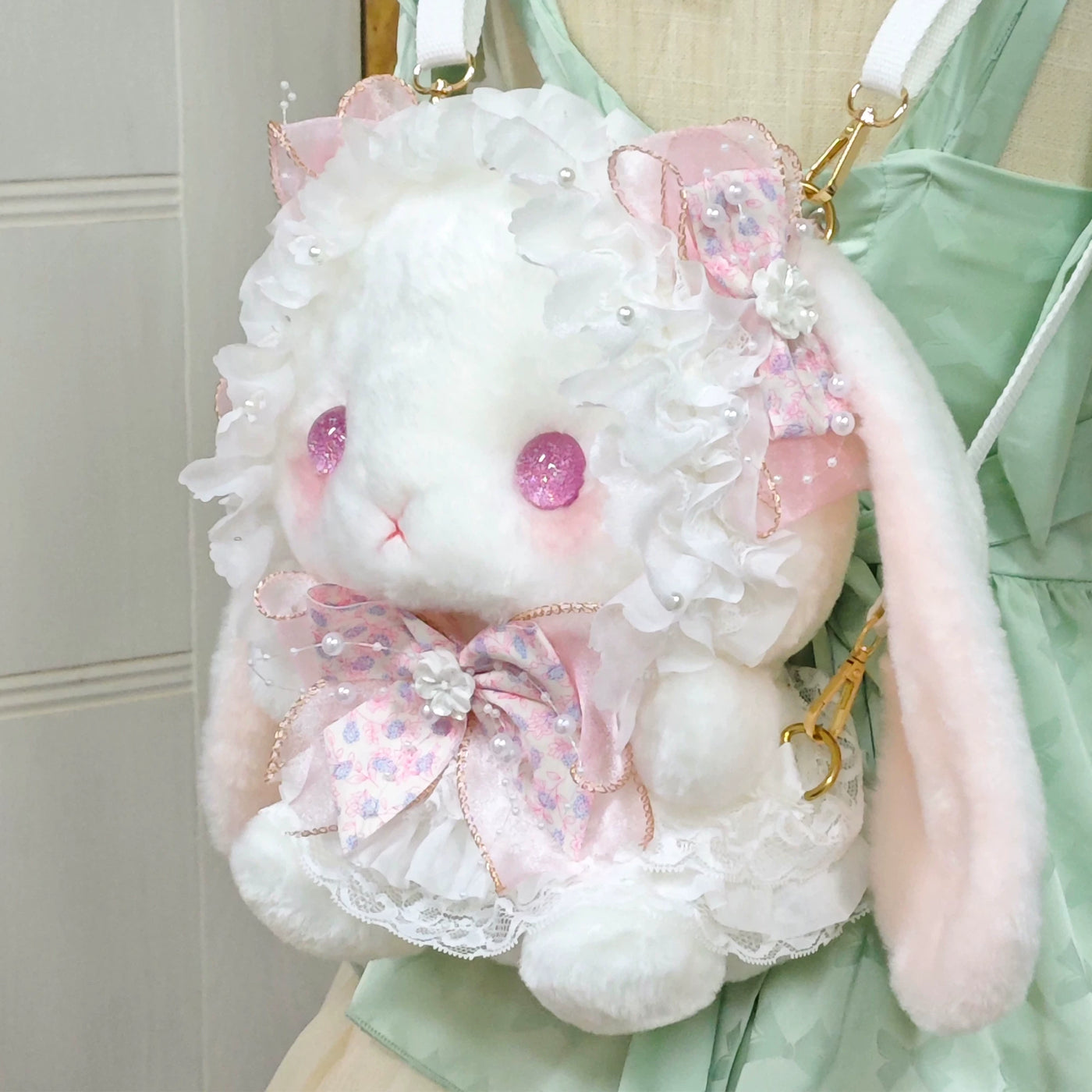 BearStar Lolita plush bunny backpack, large size, pink variant, front view