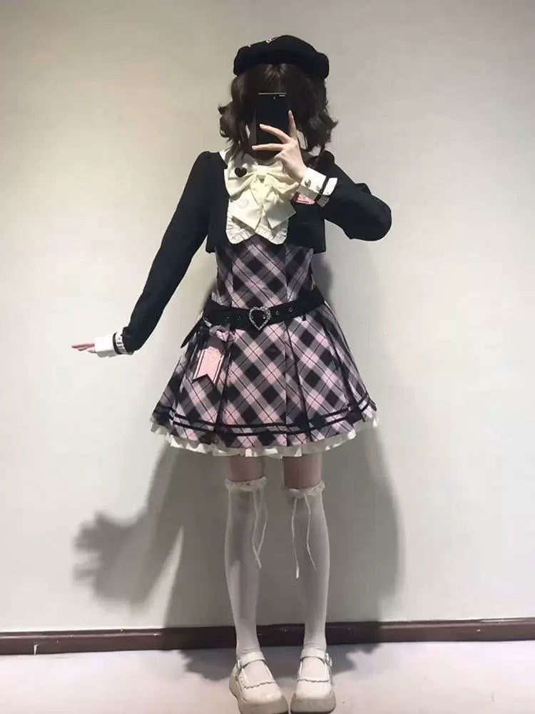 Creamy - Pink Plaid Noir - Pink one-piece dress (OP) with black faux two-piece styling