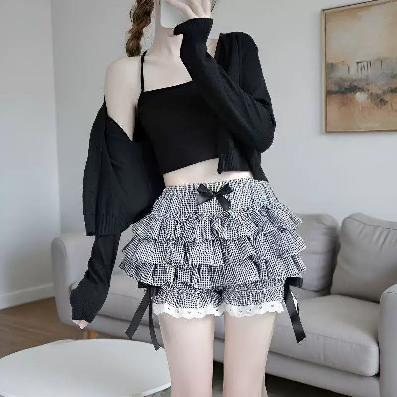 Sweetheart Dream Machine - Gingham Ruffle - Black-and-White Plaid Tiered Skort with Lace Hem