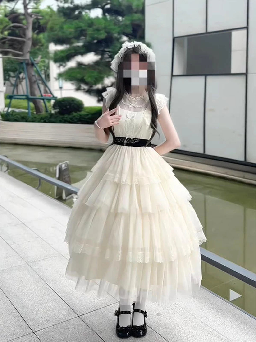 Creamy - Cream Lace - Cream One-Piece Dress with Tiered Lace Skirt and Waist Belt