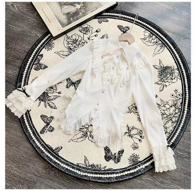 Long-sleeve waist-cinched button-up blouse
