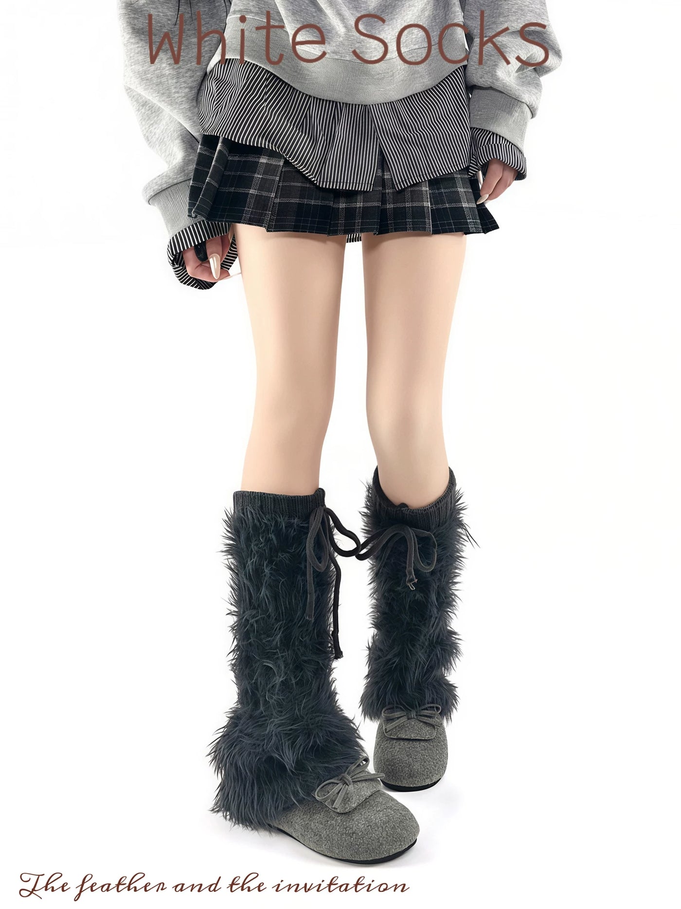 White Socks - Shaggy Tie - Thick Mid-Calf Leg Warmers with Tie Details