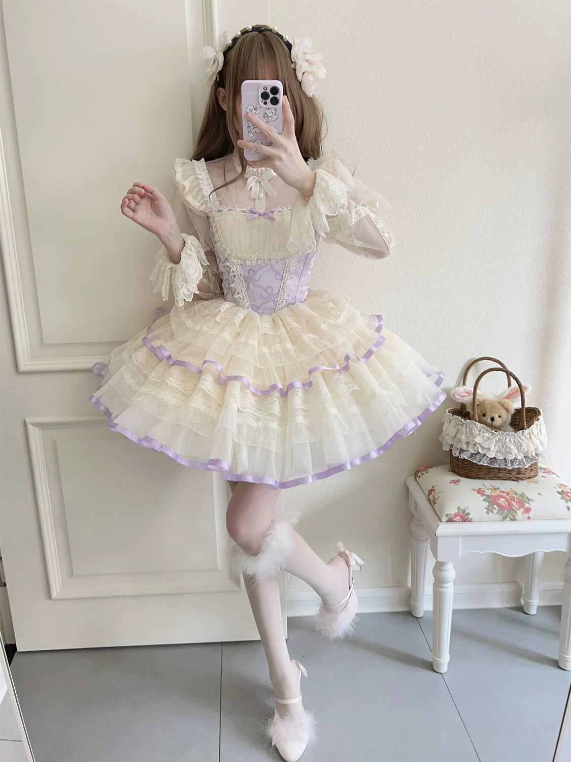 Lady Han Butterfly Love ballet JSK dress by Lolita Fetch, featuring a floral print and elegant design with bows and lace details.