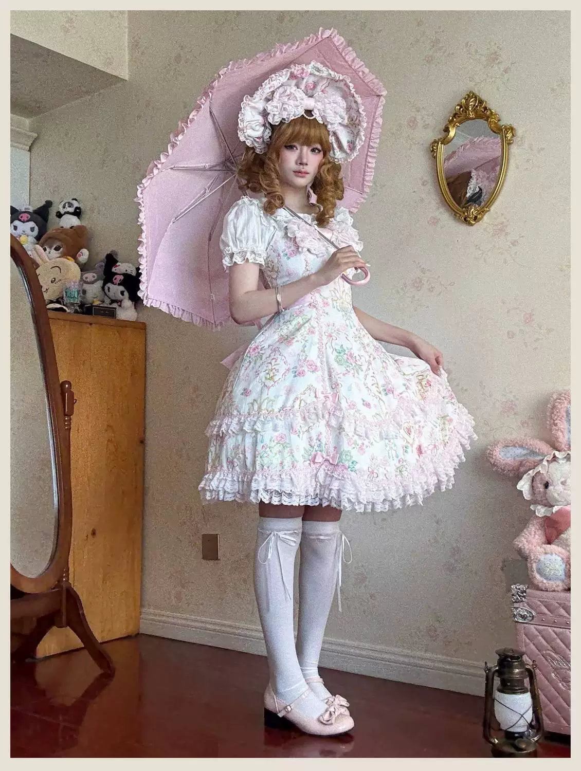 Sweetheart Dream Machine - Vintage Floral Wall - Ruffle-Trimmed Blouse with Doll Collar