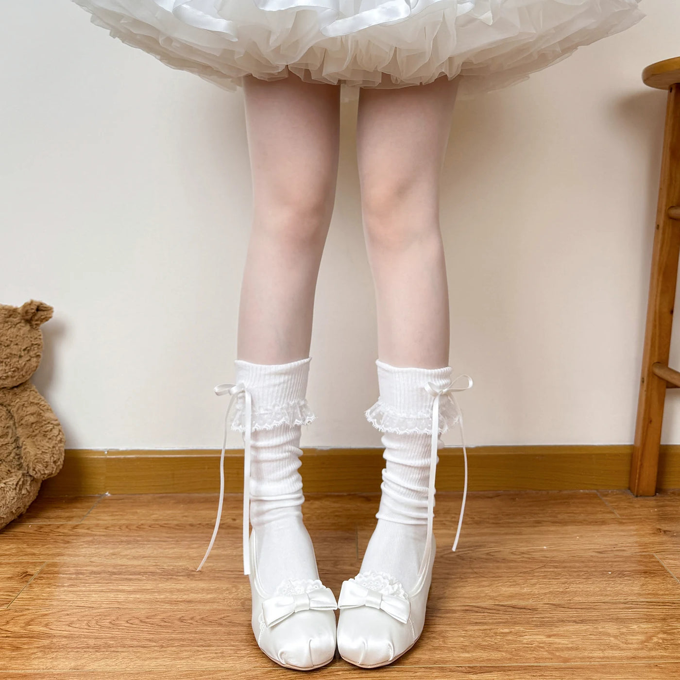 Chubby Bear Tales - Cream Ballet - Thin Scrunch Socks with Ribbon Bows