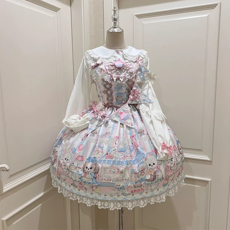 Lady Han Sweet Tea Party JSK dress from Lolita Fetch featuring a cute, sweet design with pastel colors and tea party print.