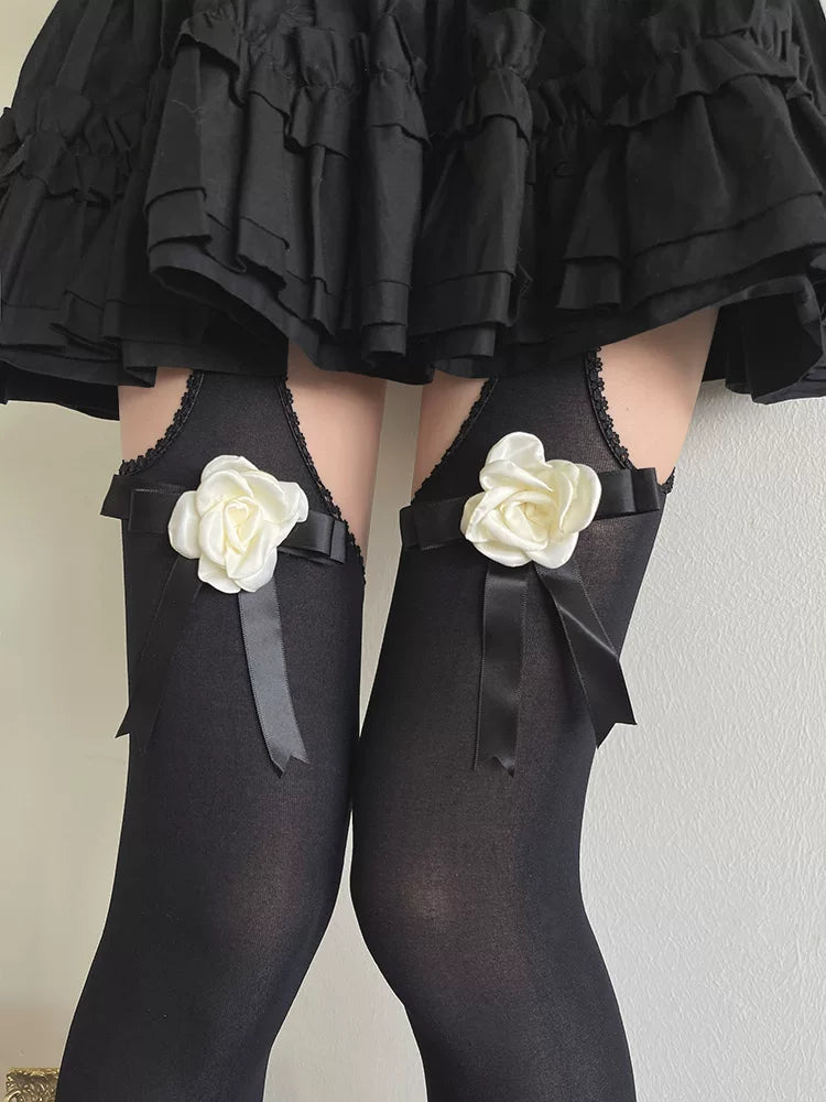 Sock Noble - Camellia Ribbon - Thigh-high stockings with camellia bows and ribbon accents