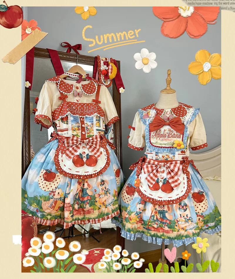 Star Fantasy - Red Apple Paradise - Red Lolita Dress with Apple and Strawberry-Cream Motifs