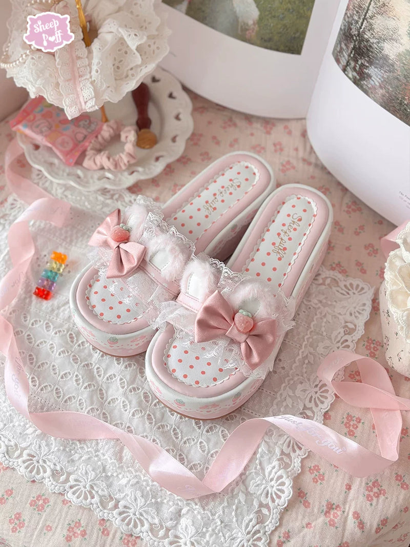 Sheep Puff Strawberry Bunny Platform Lolita Shoes featuring adorable bunny and strawberry design, with chunky platform soles.