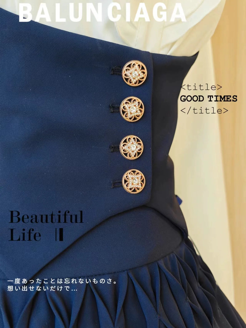 Sentaro - Pleated Irregular Knit Floral Slim - Fit Vest and Half Skirt Set SK Skirt