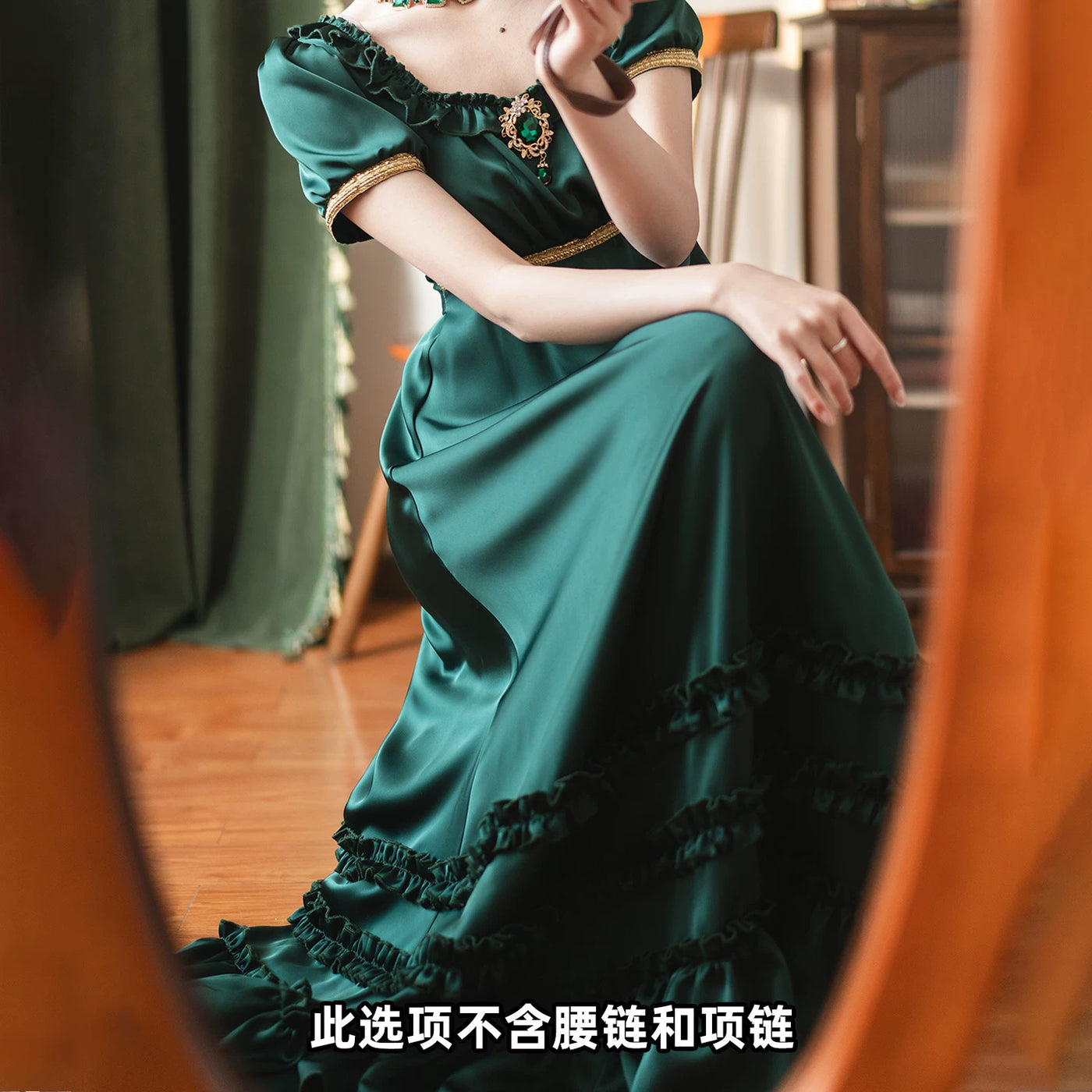 Moon Lily - Luminous Gemstone - Satin Empire Waist Dress with Ruched Neckline – detail view 7