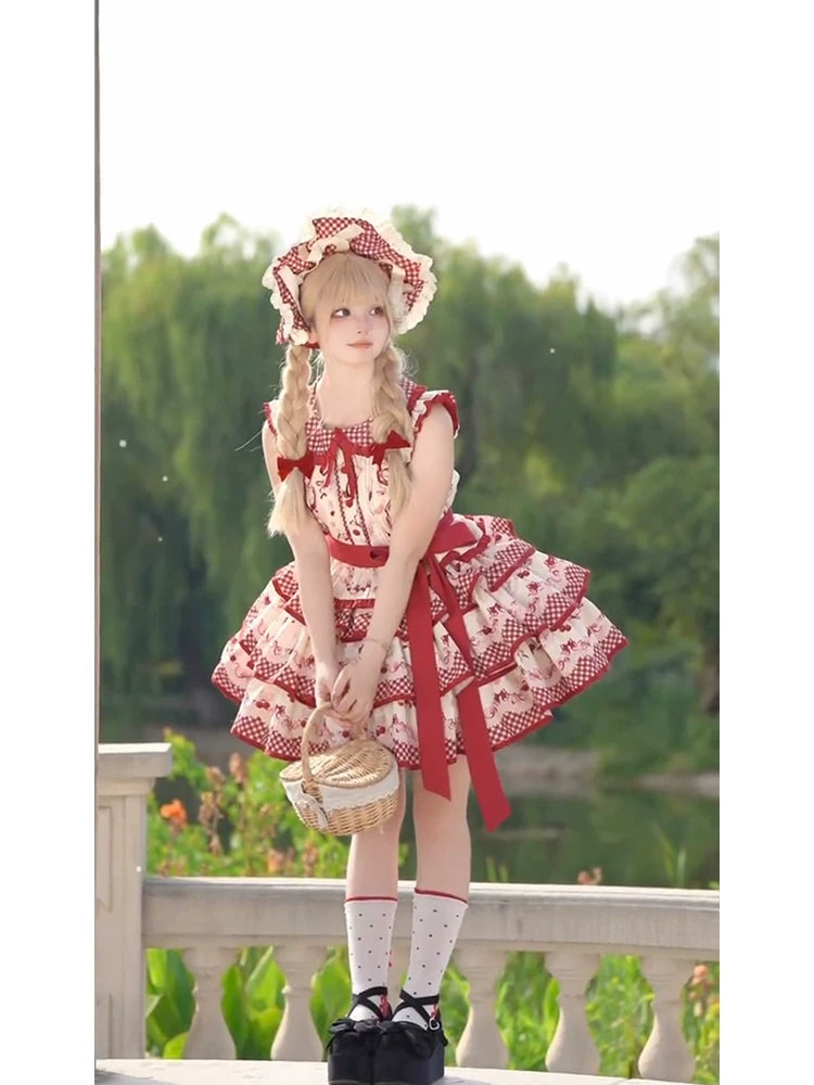 Dream Bunny - The Cherries Are Ripe - Cherry-Print Lolita Fashion Set with Gingham Ruffles