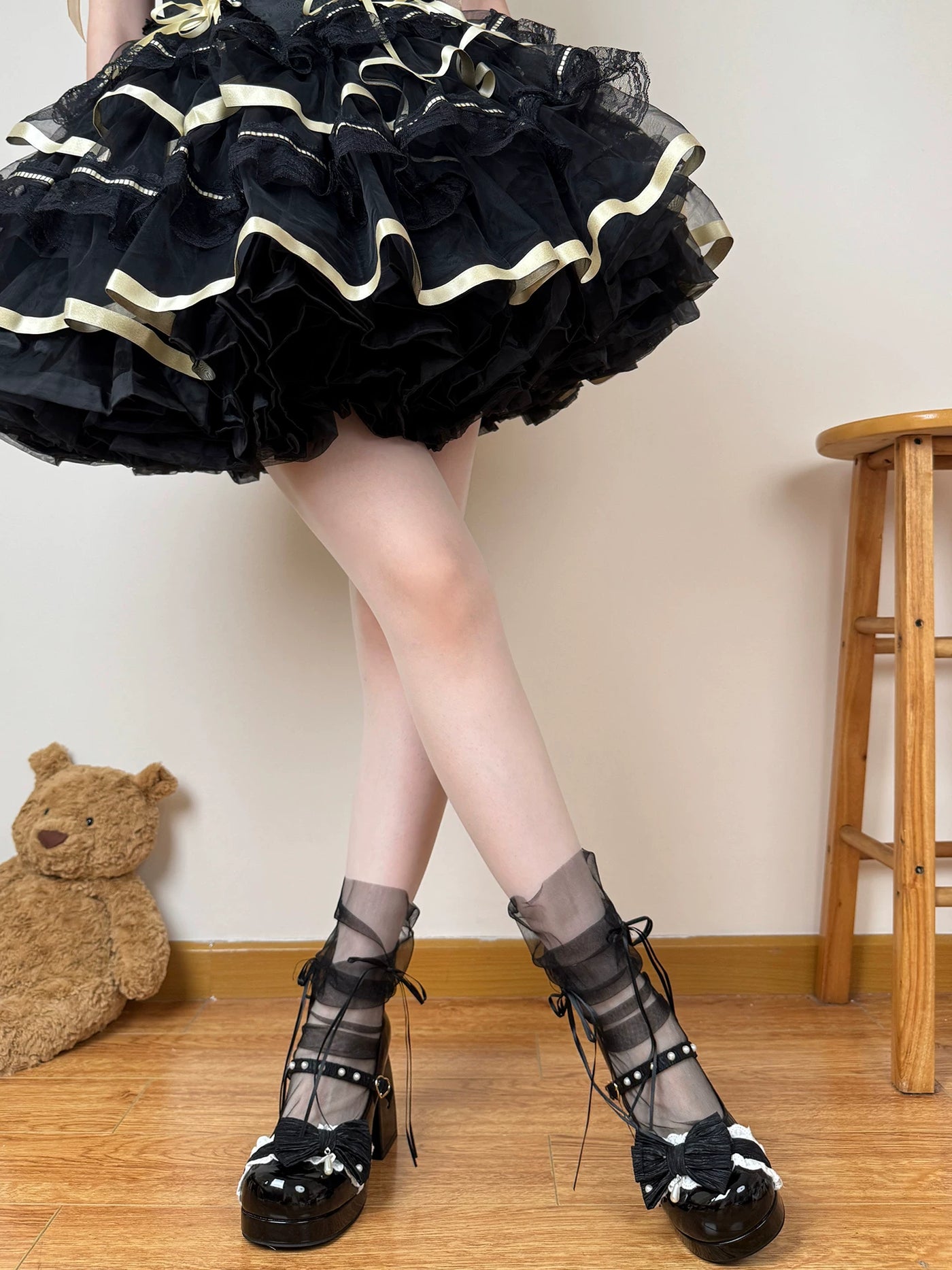 Chubby Bear Tales - Ballet Bow - Mesh Mid-Calf Socks with Double Bows