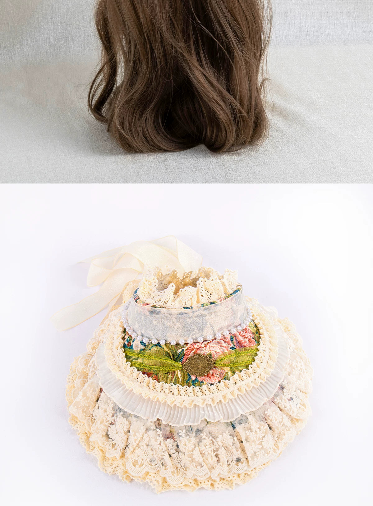 Lightbound Narrative - Manor Rose - Lace-trimmed flat hat or bonnet with floral accents