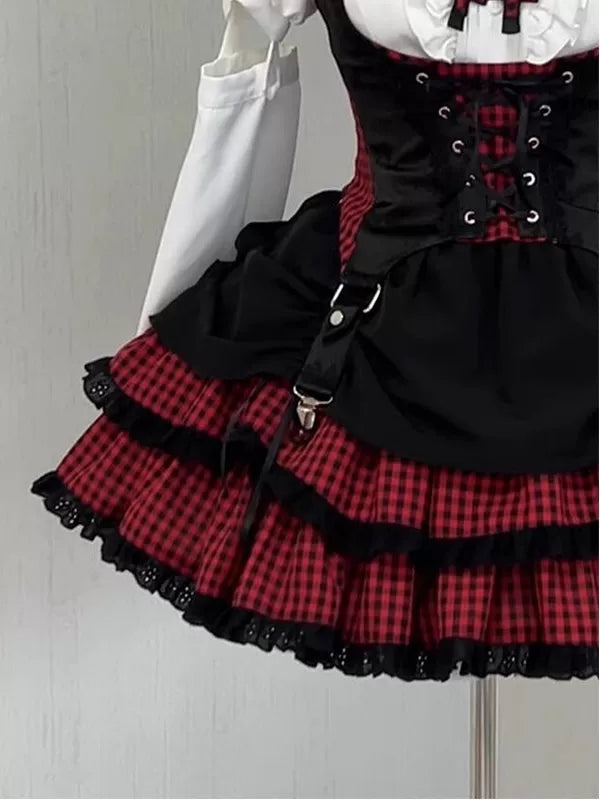 Creamy - Black-Red Idol - Multi-Piece Outfit Set with Gingham Ruffle Layers