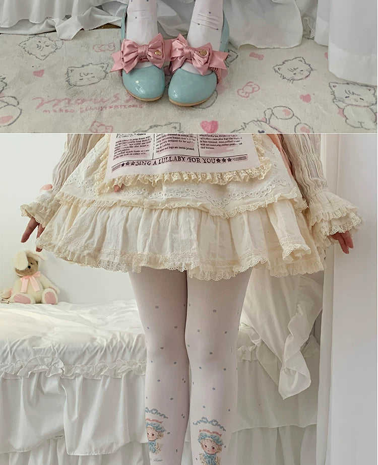 roji roji - Doll Portraits - Printed Tights with Doll Portraits and Dots