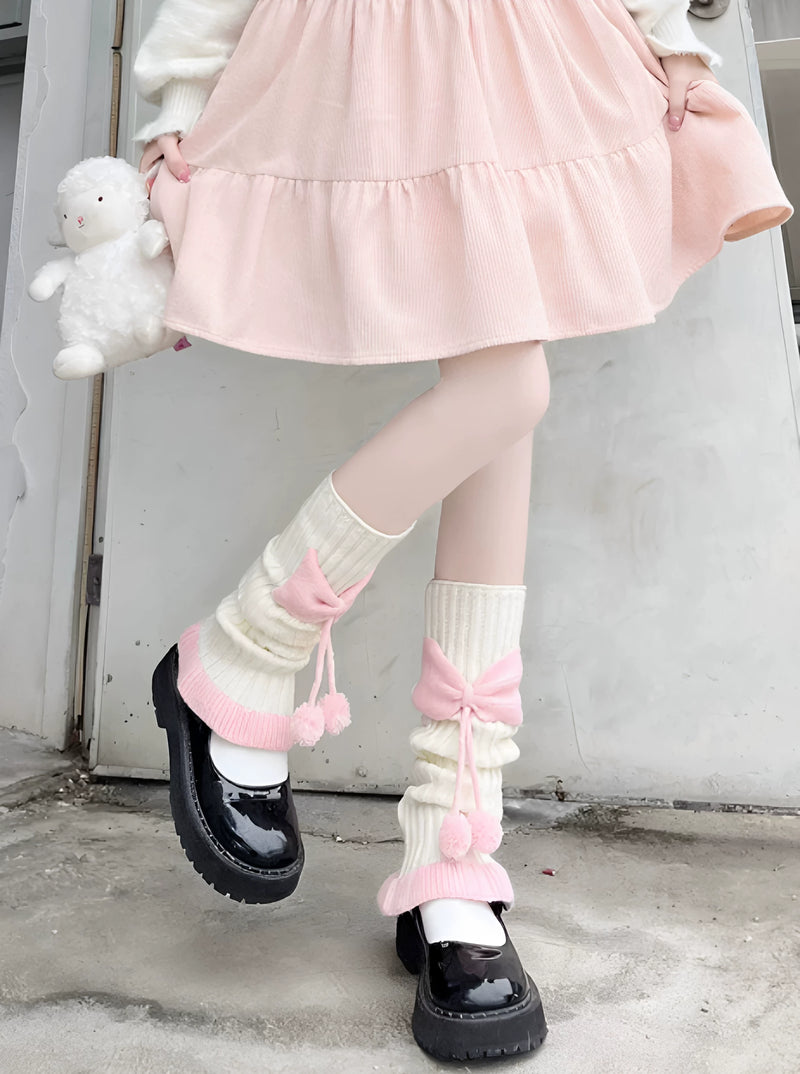 Fantasy Doll - Sweet Bow Pom-Pom - Pink-and-White Leg Warmers with Bow Trim