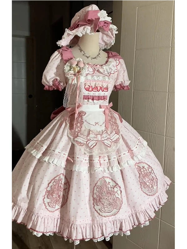 Creamy - Strawberry Embroidery - Pink OP dress with strawberry embroidery and short sleeves