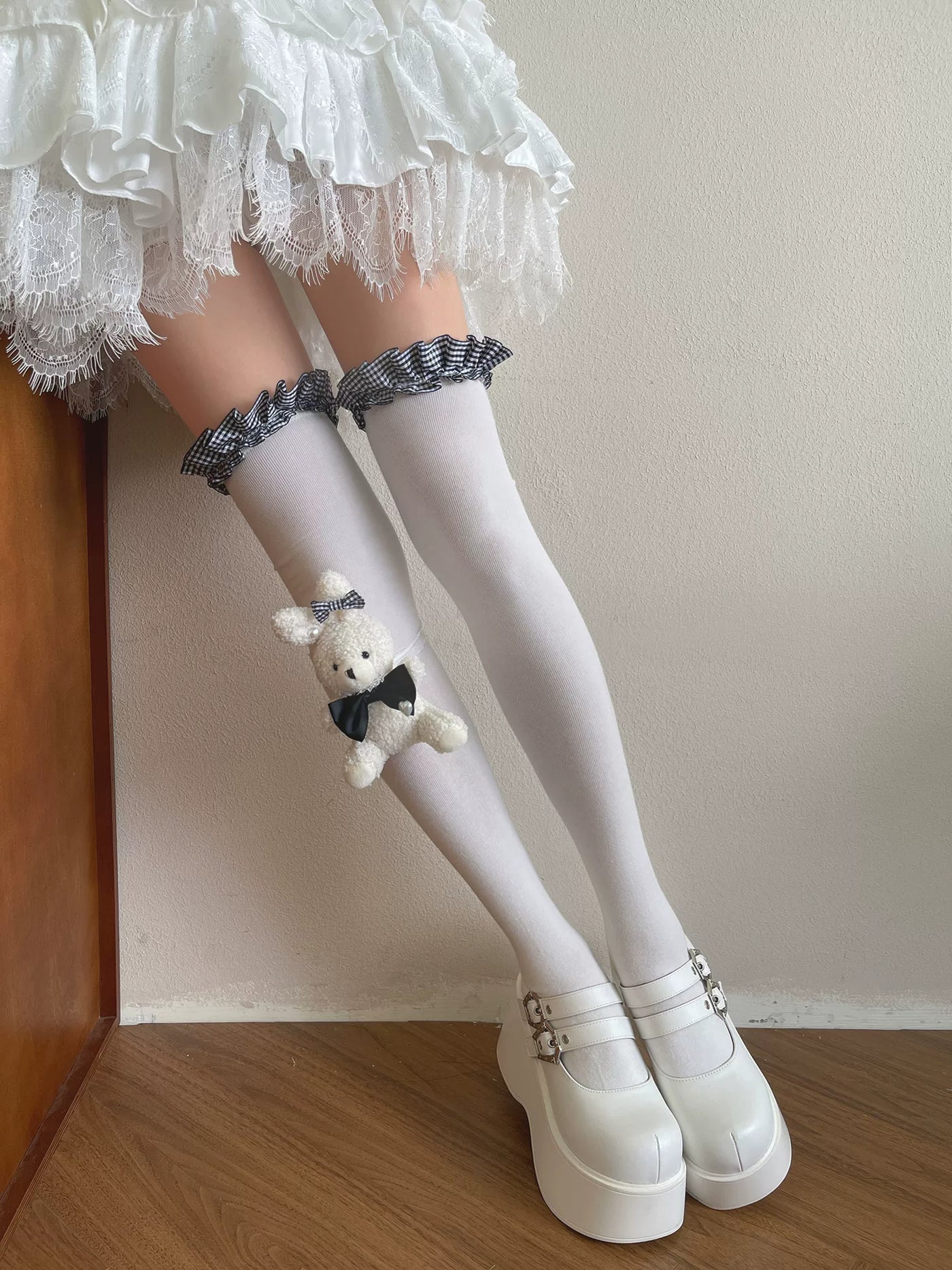 Sock Noble - Check Bunny - Over-the-Knee Socks with Bow Leg Ring Options