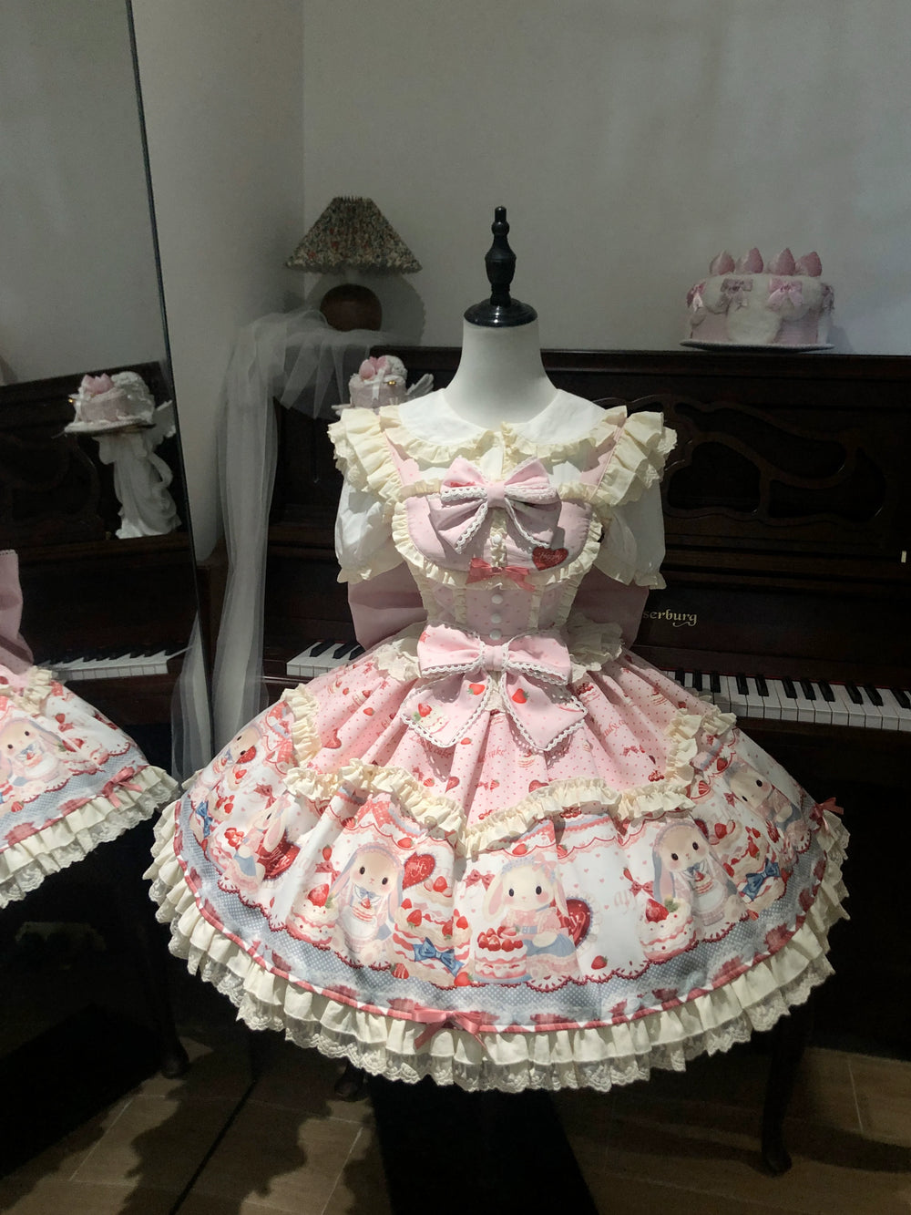 Sweet Dreamland - Bunny Party - Sweet Lolita JSK Dress, Cute Bunny & Cake Print