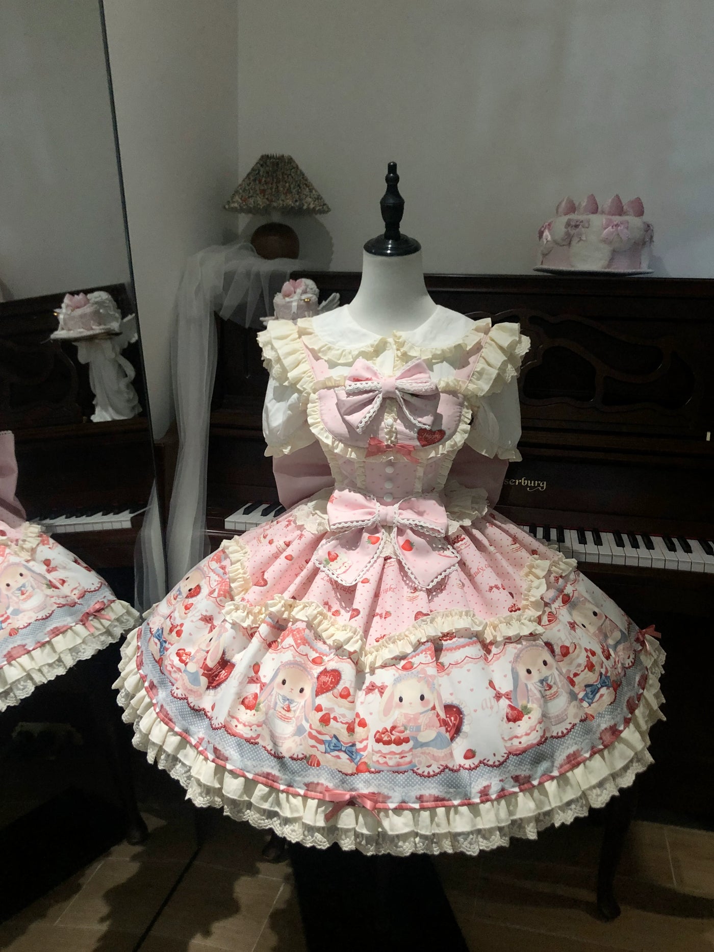 Bunny Party - Sweet Lolita JSK Dress, Cute Bunny & Cake Print Pink Full Set (JSK + Blouse + Back Trailing Bow) S