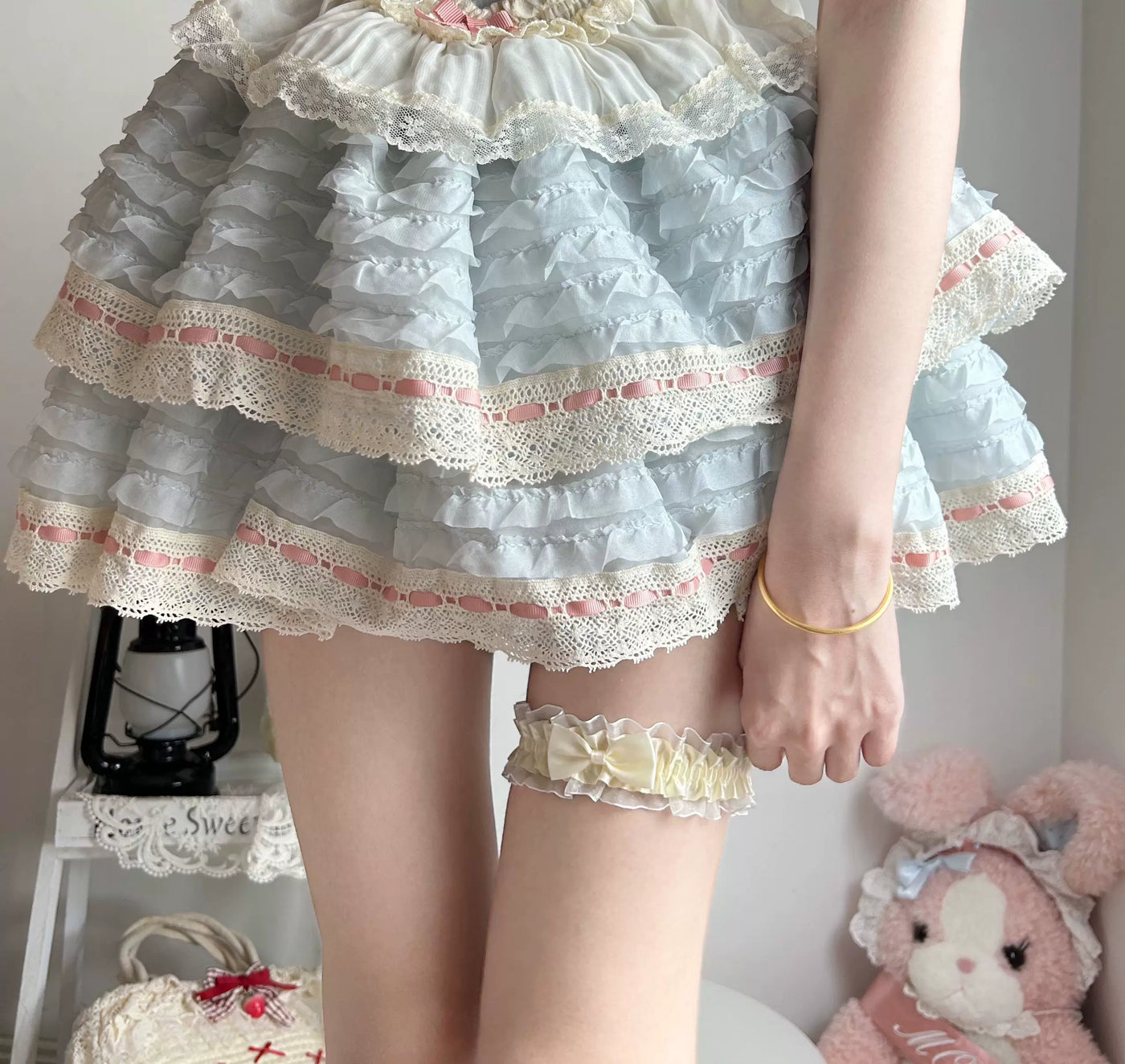 Fantasy Doll - Ribbon Bow - Lace Leg Garters with Satin-Ribbon Bows