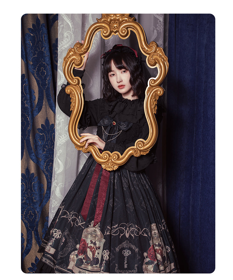With PUJI - Nightingale and Rose - Classic Lolita Chiffon Dress, Rose & Birdcage Print