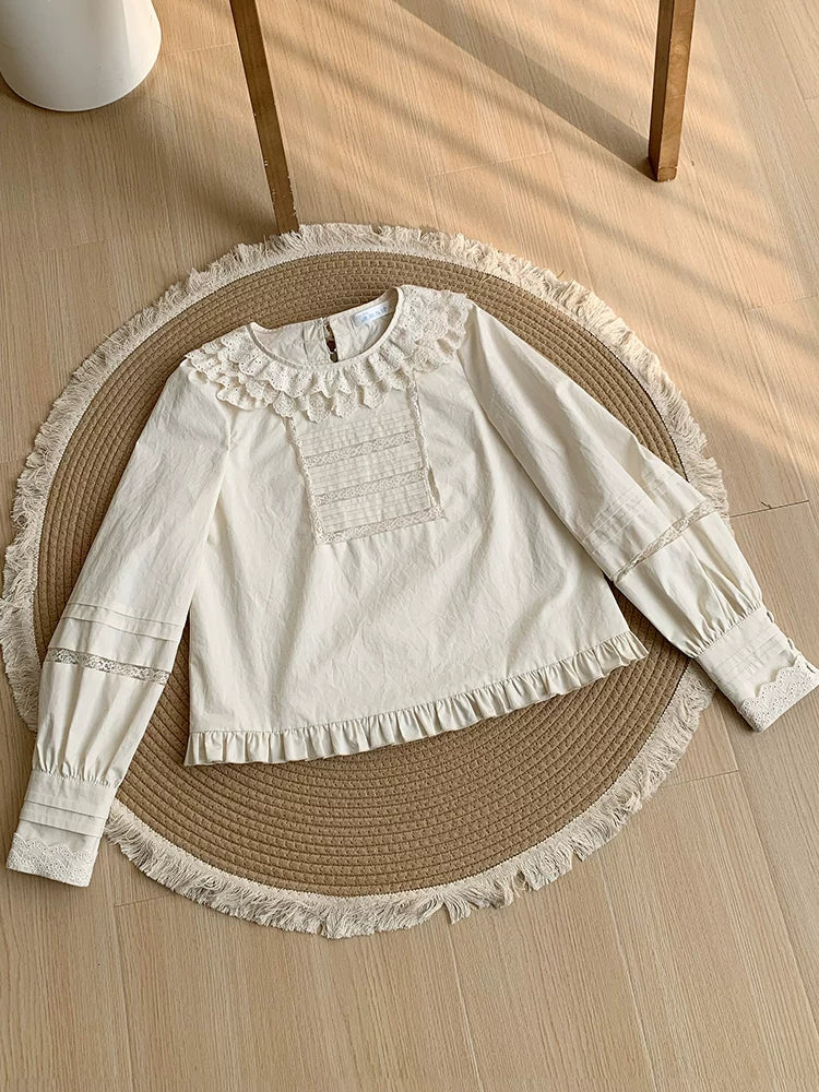With PUJI - Jennie - Sweet Lolita Cotton Shirt, Ruffled Round Collar