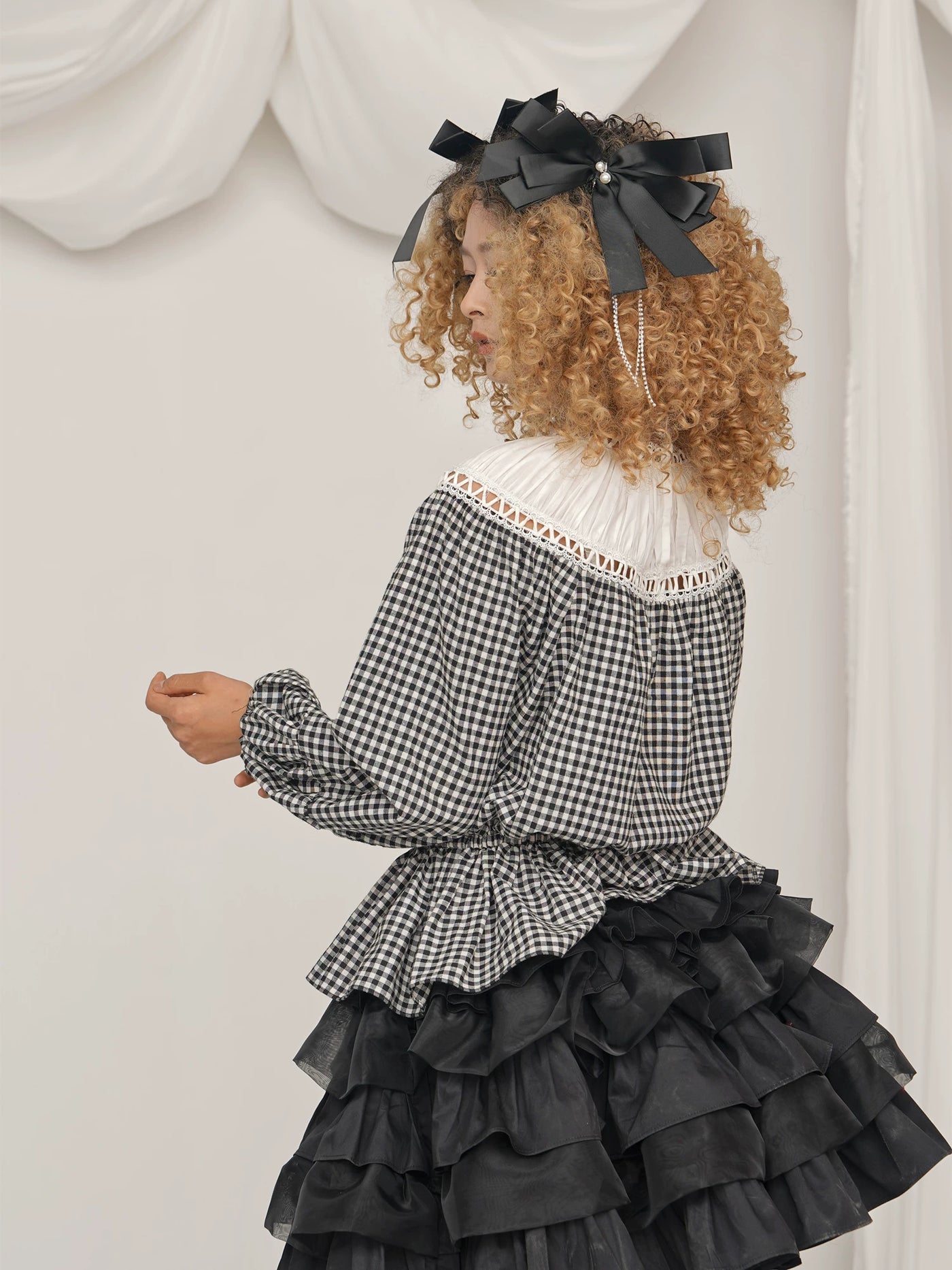 LACE GARDEN - Doll Check - Black-and-White Plaid Blouse and Pumpkin Pants Set with Layered Ruffles