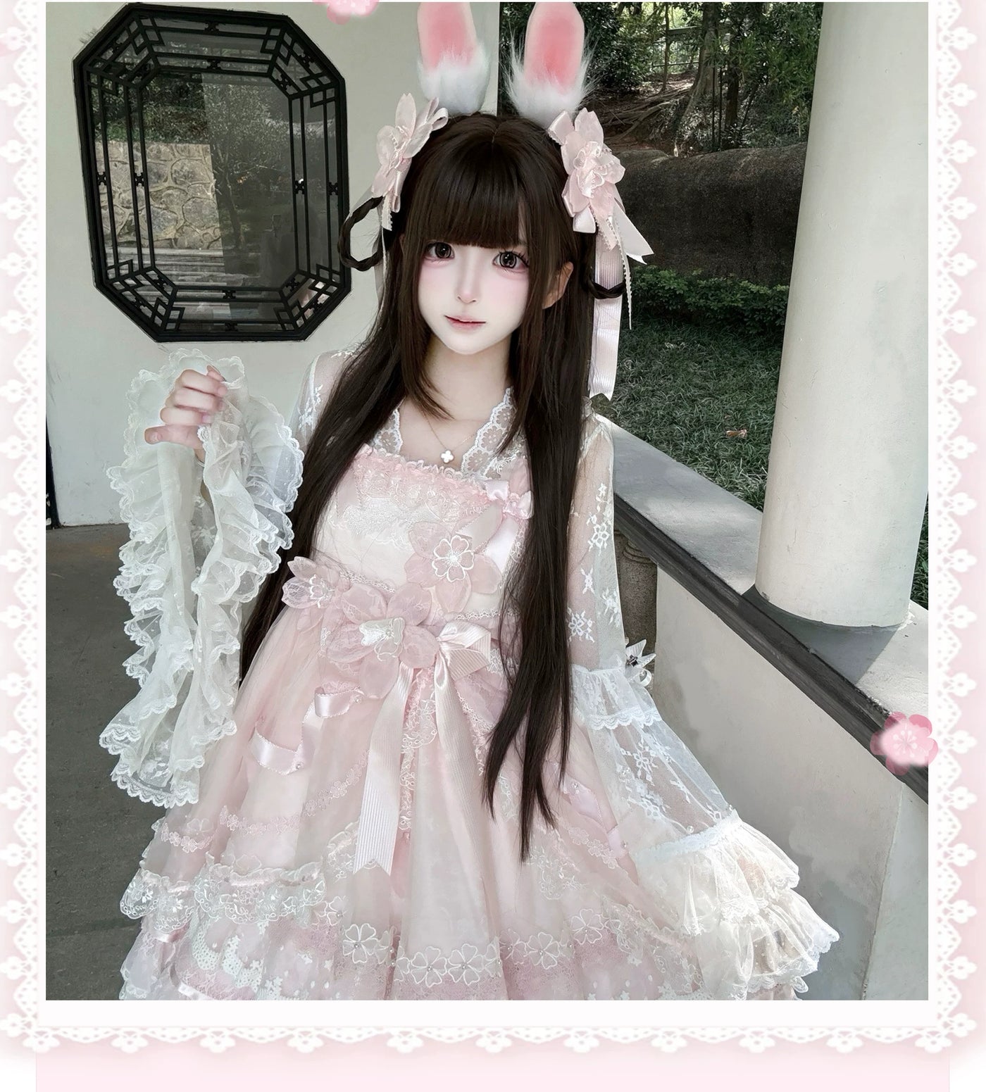 Cat Upon Cat - Moon Cage Tulle - Lace Long-Sleeve Inner Top with Tiered Ruffle Sleeves