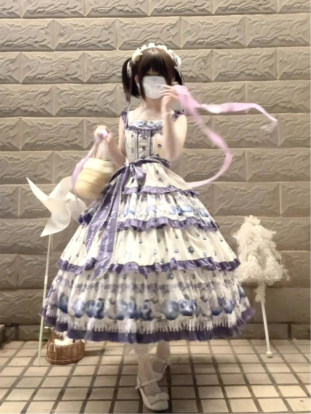 White and blue-purple blueberry print JSK dress with layered ruffles and headscarf