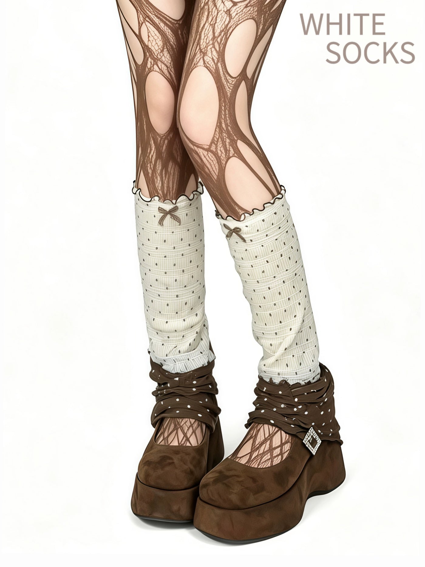 White Socks - Cocoa Dot - Polka-Dot Bow Leg Warmers with Optional Arm Warmers