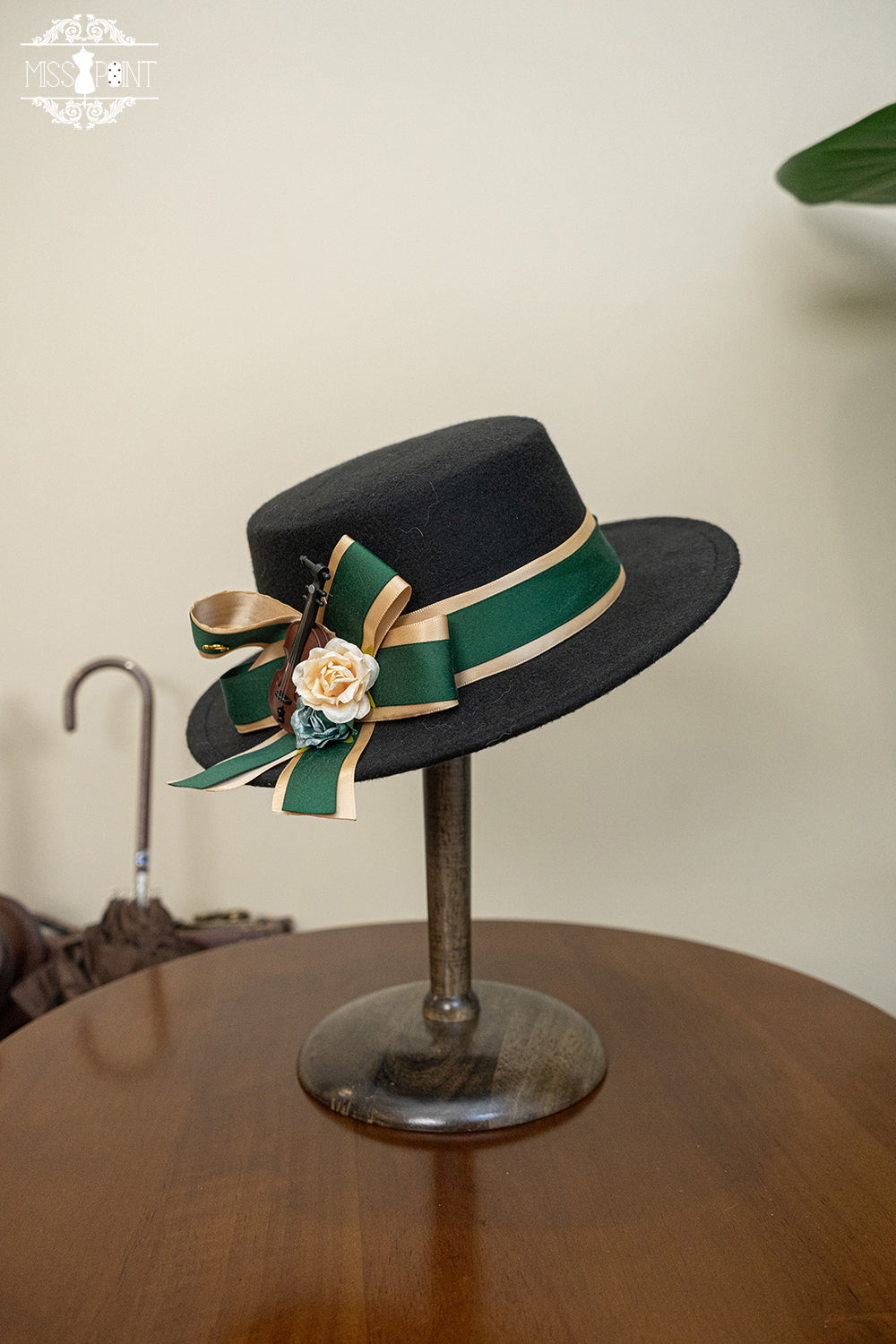 Elegant Lolita Top Hat - Golden Movement Lolita Hat Black large hat - green bow tie
