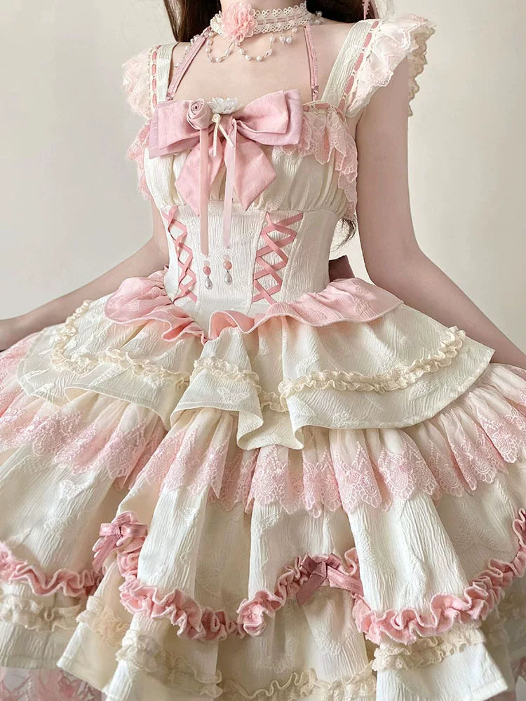 Blue Floral Dream Lolita OP dress on model