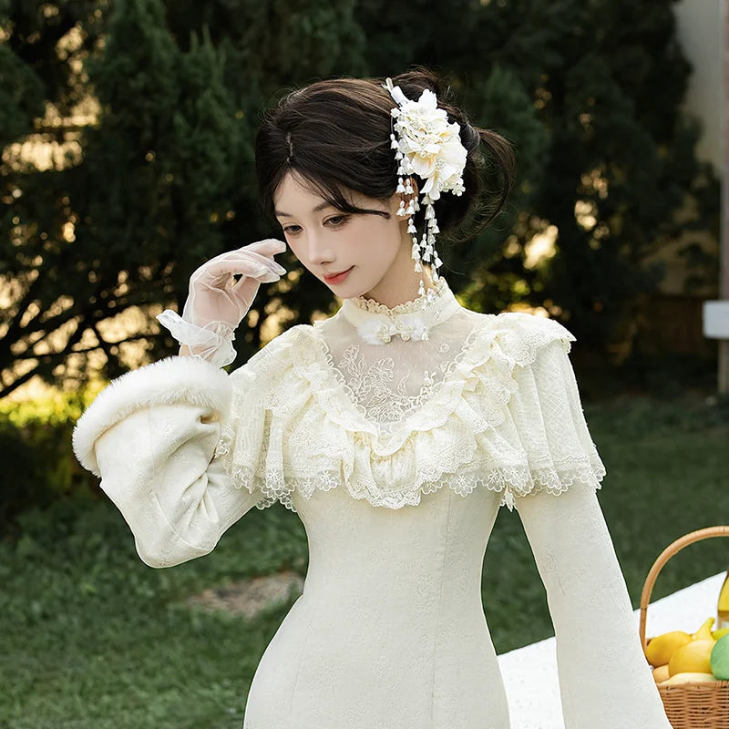 With PUJI - Rouge Snow - Oriental Lolita OP Dress, Embroidery detail view 11