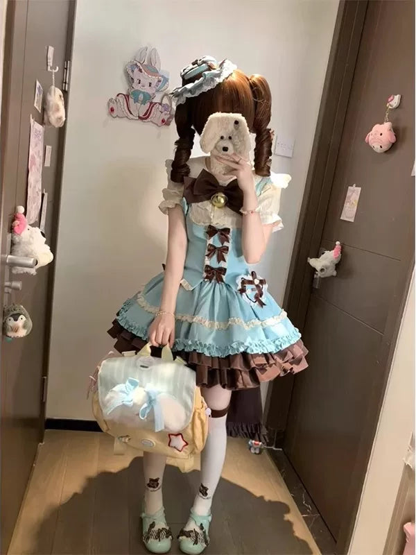 Creamy - Cute Dog - Five-Piece Dress Set with a Bow and Train