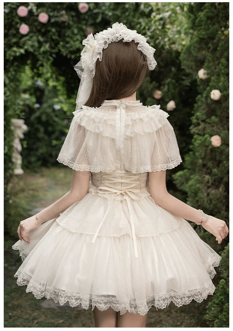 With PUJI - White Mist Promise - Classic Lolita Corset OP Set, Edwardian Collar & Tiered Hem
