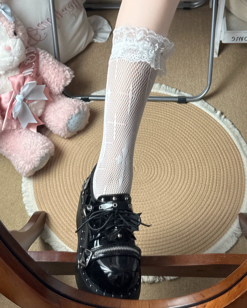Fantasy Doll - Cross Lace - Lace-Trim Calf Socks with Cross Motifs