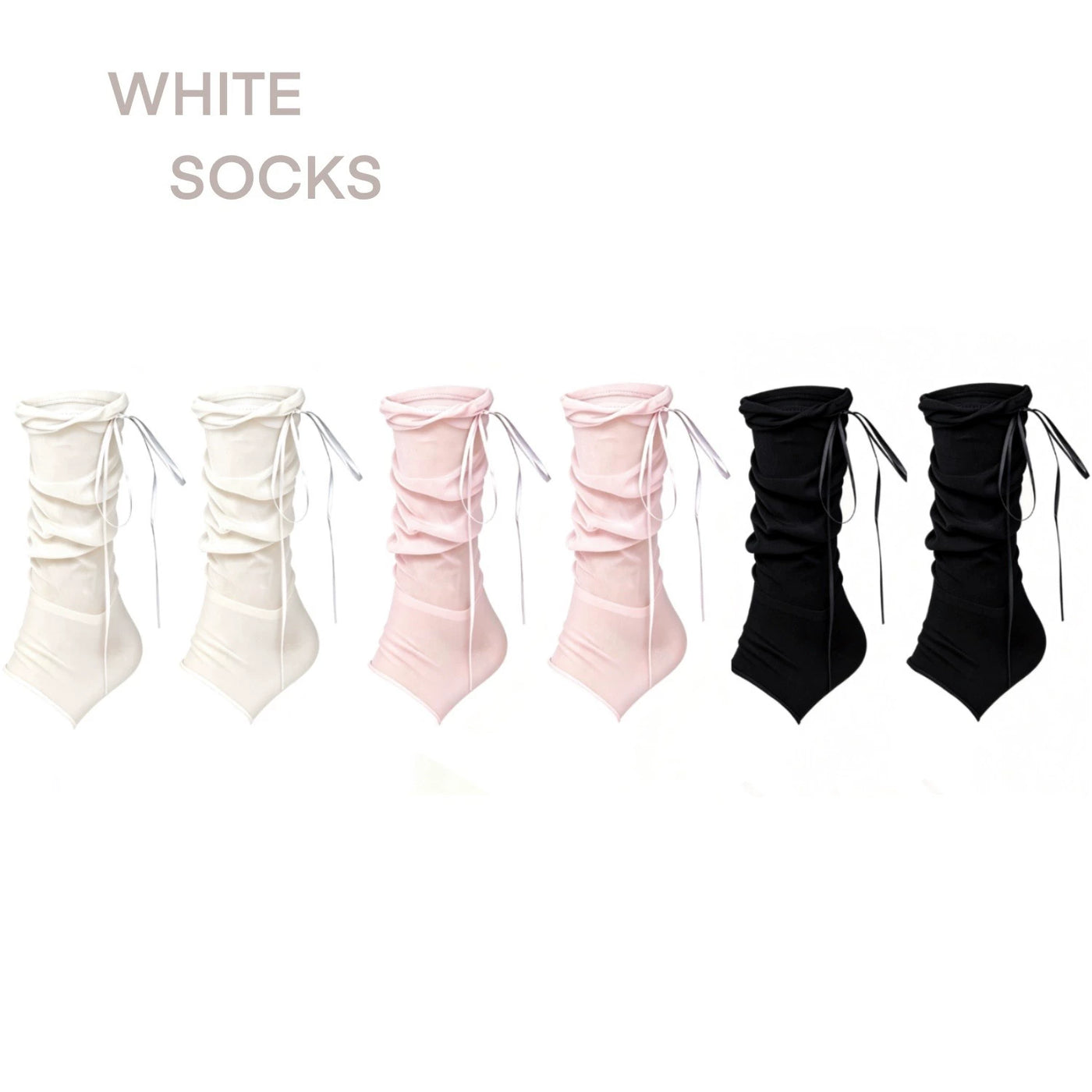 White Socks - Ribbon Ruffle - Mid-Calf Stirrup Slouch Socks with Ribbon Bow Ties