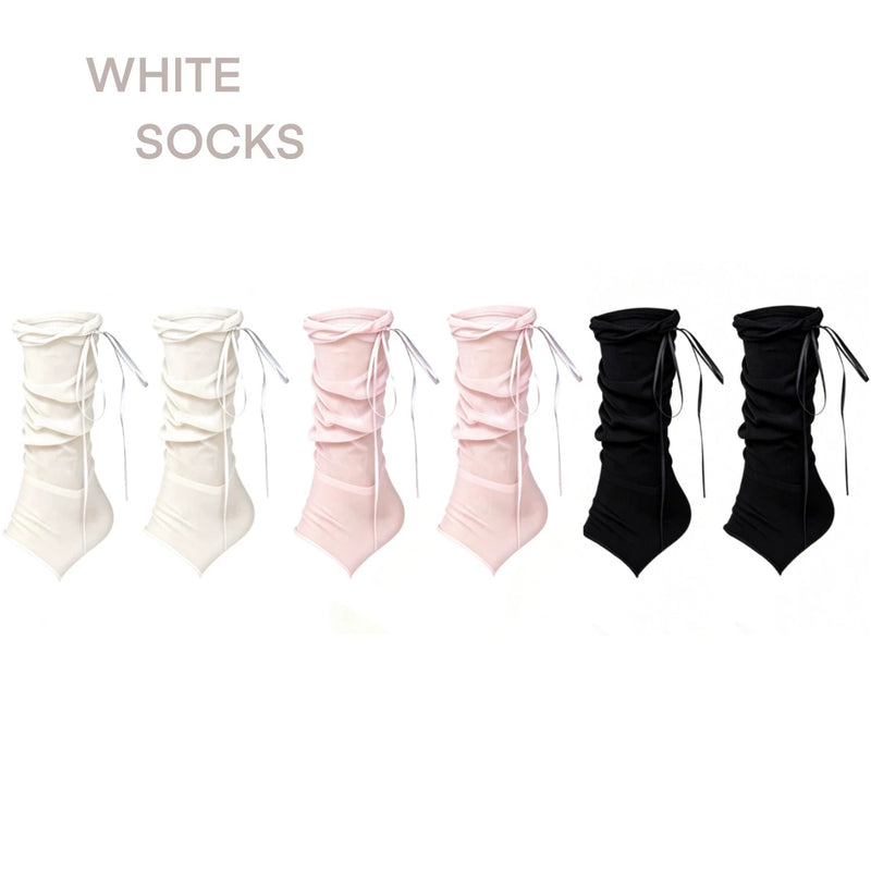 White Socks - Ballet Ribbon - Ruched Stirrup Socks with Side Ties