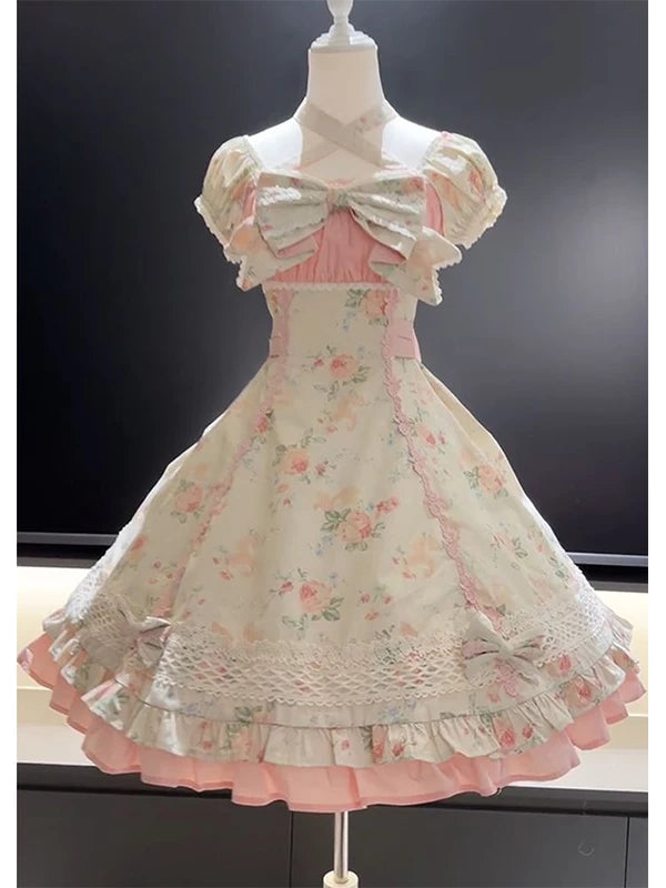 Creamy - Pastel Floral - Pink Floral OP with Lace Hem