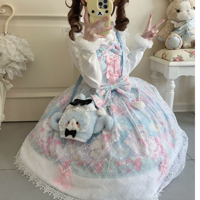Lady Han Candy Mary Cat sweet lolita JSK dress featuring colorful candy and cat print, with ruffled details and bow accents.