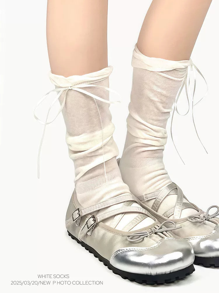White Socks - Ballet Bow - Scrunched Calf Socks with Tie Ribbons