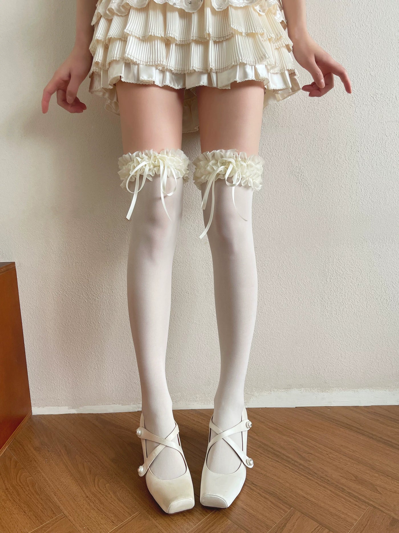 Sock Noble - Ribbon Ruffle - Double-Layer Mesh Thigh-High Stockings with Bows