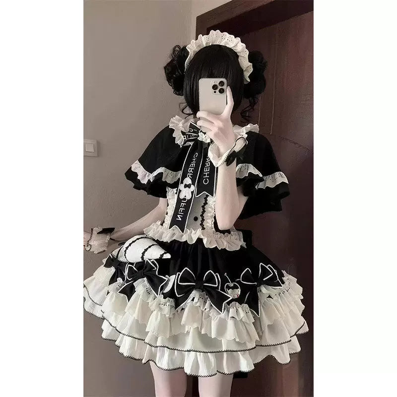 Creamy - Black Bow Cape - Black Lolita Fashion Set with Cape