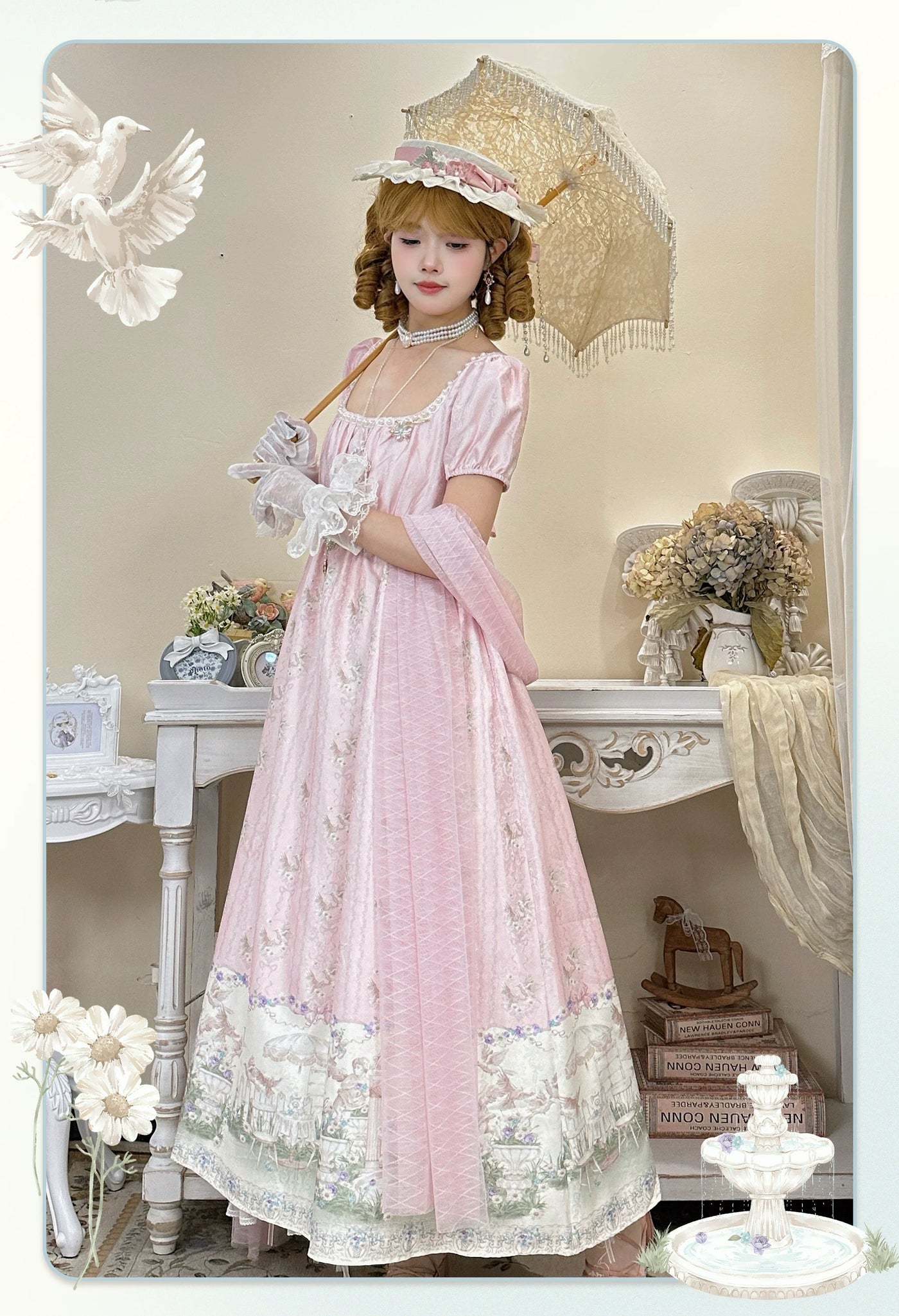 Cat Upon Cat - Angel Garden - Empire-Waist One-Piece Dress with a Garden Scene Hem
