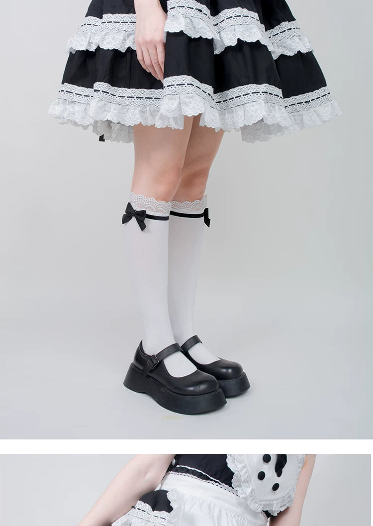 roji roji - Doll Bow Lace - Black or Pink Lace-Trimmed Socks in Three Lengths