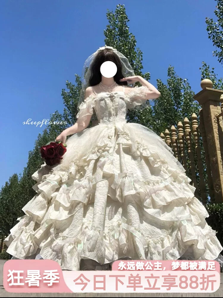 Champagne Lolita bridal gown with off-shoulder sleeves and tiered ballgown skirt