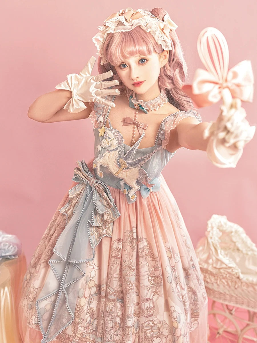 Designer's Gift - CloudPlay - Pastel Sweet Lolita JSK dress with carousel print and detachable waist bows - product detail 4