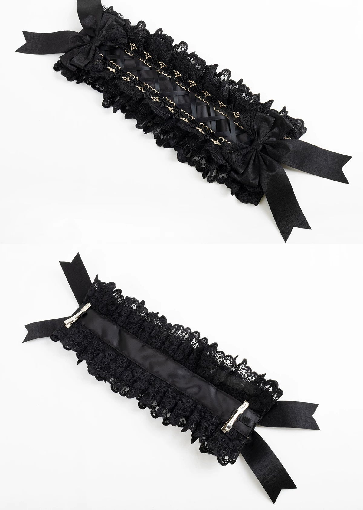 Lightbound Narrative - Black and Gold Formal - Black Dress Hat or Headband with Lace and Gold Trim